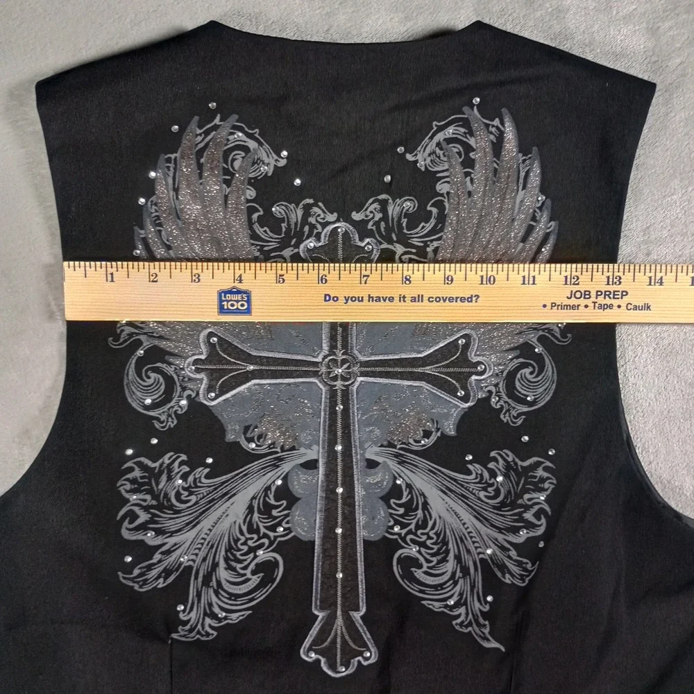 Patroncito USA Vest Mens Large Black Winged Cross Graphic Gothic Biker Emo Punk